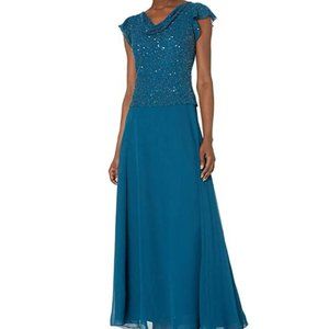 NWT - J Kara Long Beaded Cowl Neck Flutter Sleeve Gown